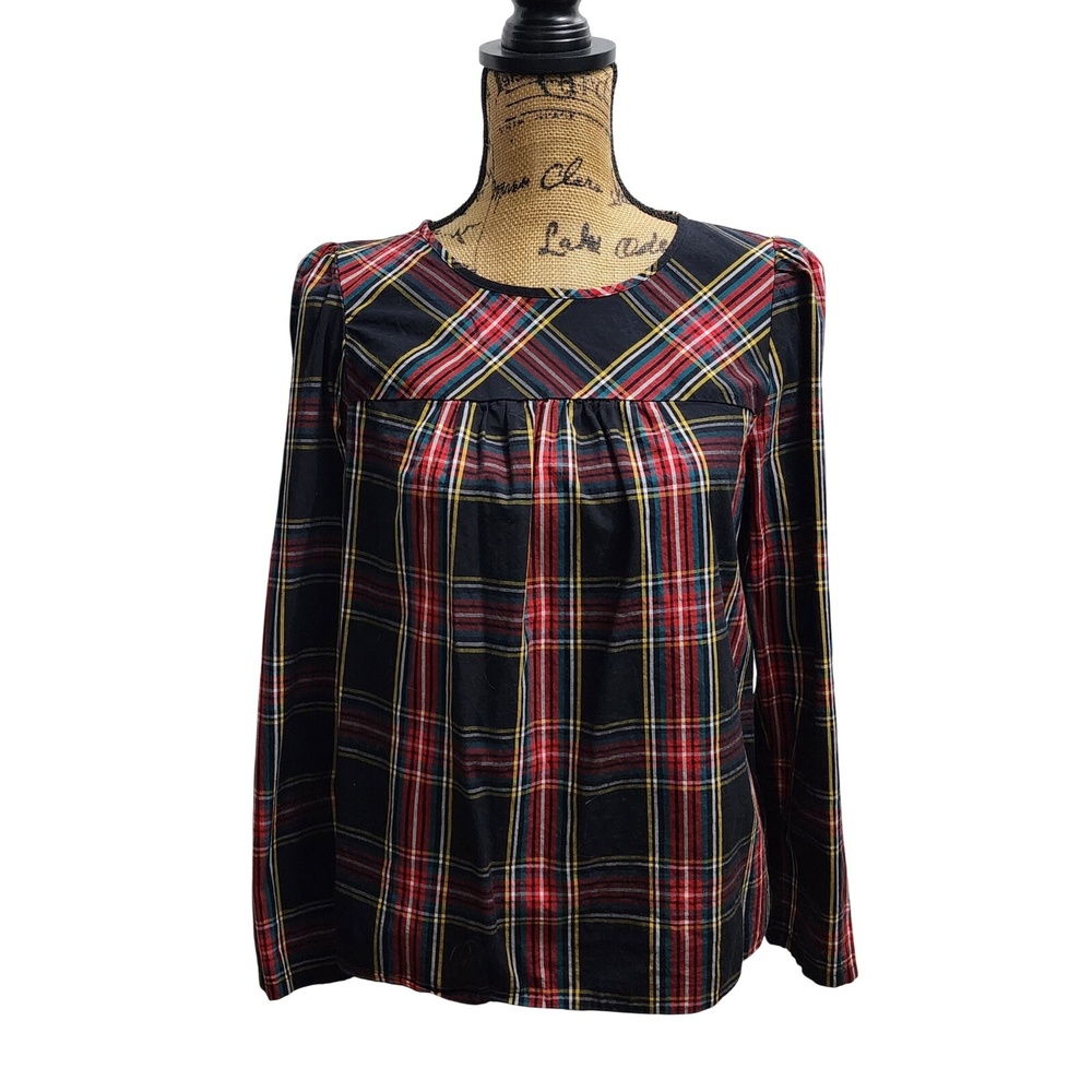 J. Crew‎ Plaid Top Long Sleeve Organic Cotton Blend Blouse Size S